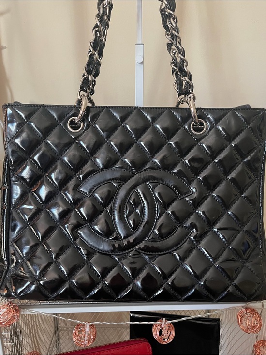 CHANEL Handbags - CHANEL Black Quilted Patent Leather Tote with Chain Straps